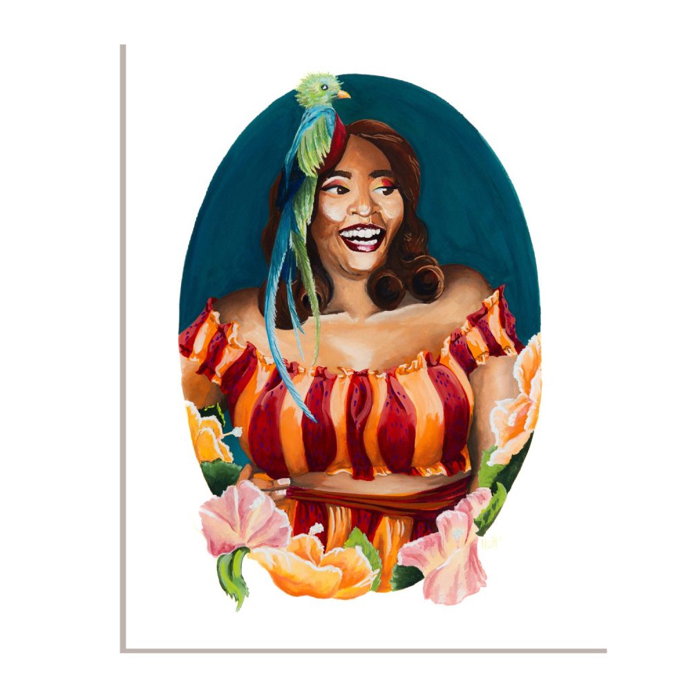 Uncaged: Laughing woman with Quetzal bird