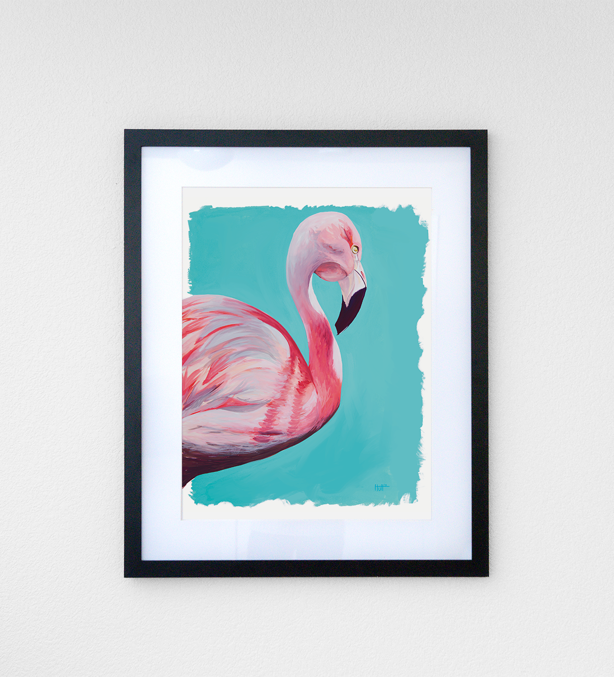 Original gouache painting of flamingo with teal background