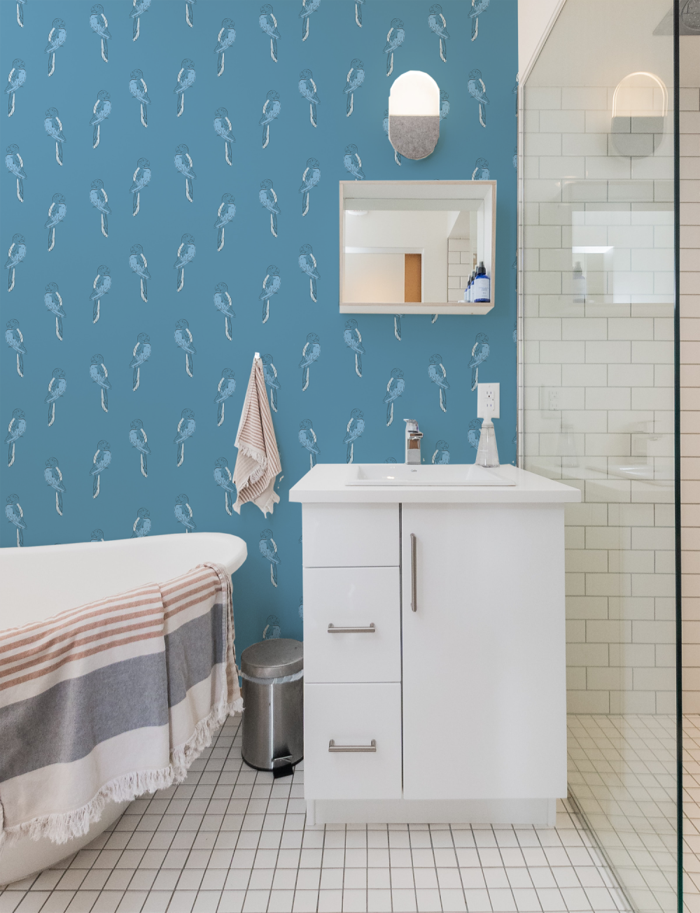 Tropical Macaw Birds in blue wallpaper by Modern Magic