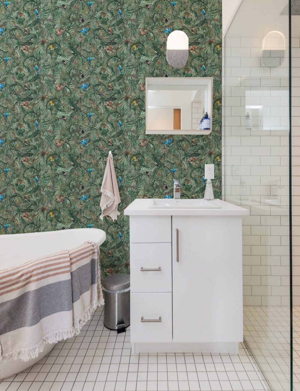Hide and seek tropical wallpaper with hidden animals for kids to find.
