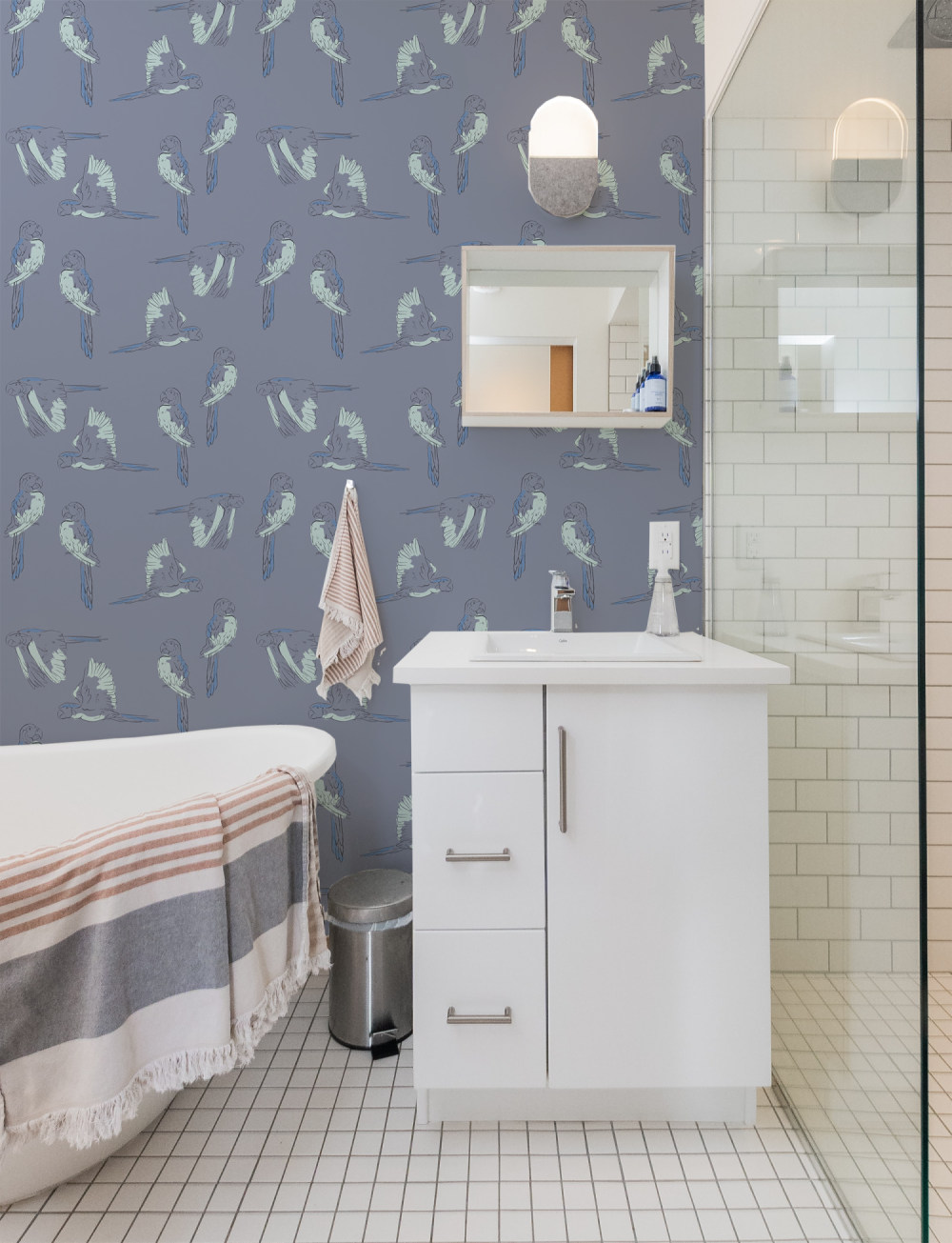 Macaws flying two by two in purple wallpaper by Modern Magic
