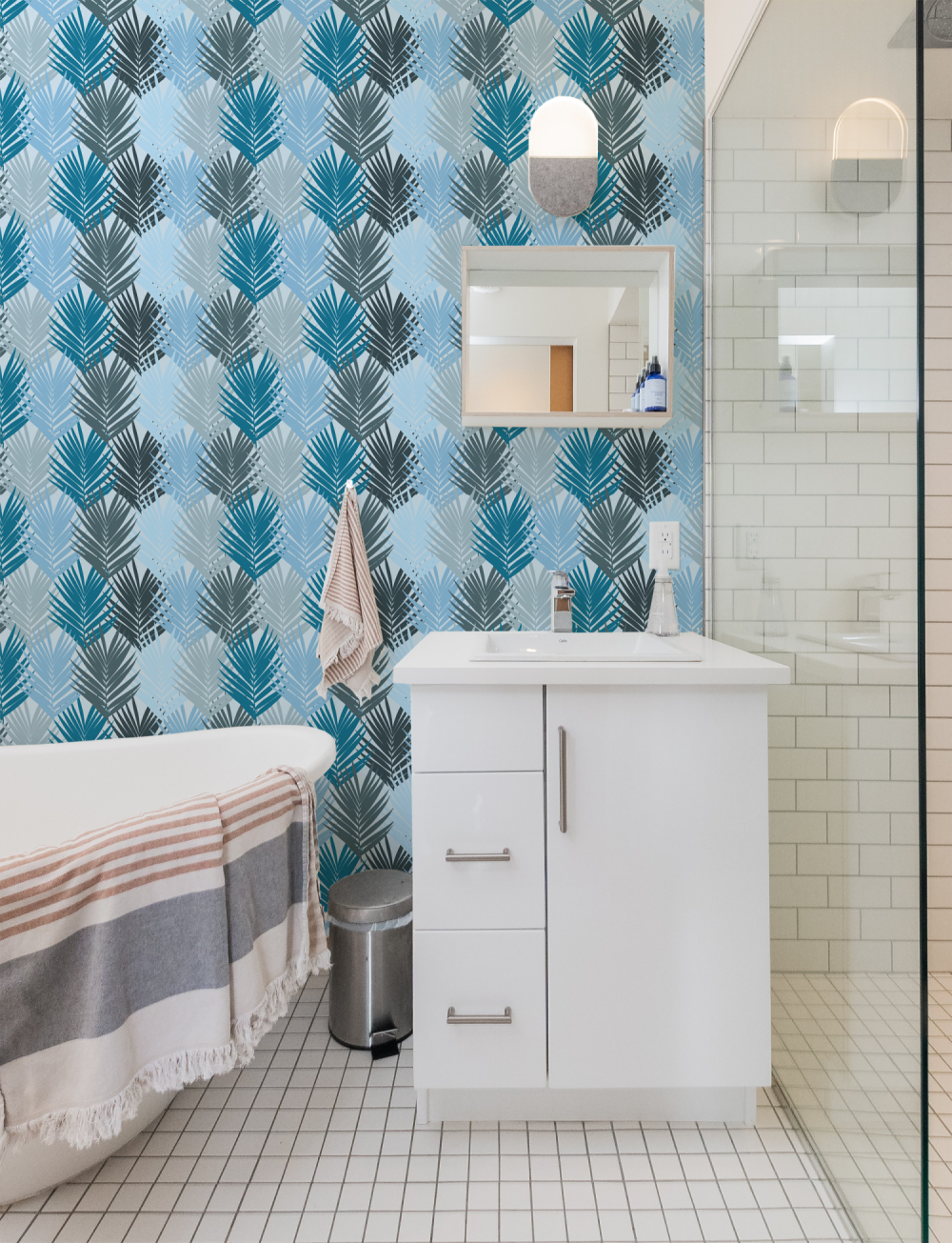 Color Blocked Palm Leaves in blue Wallpaper By Modern Magic