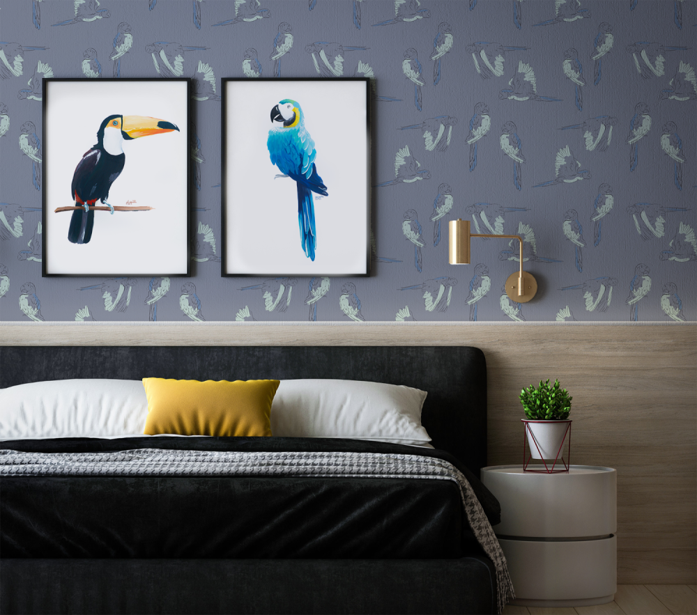 Macaws flying two by two in purple wallpaper by Modern Magic with Modern Magic Art Prints
