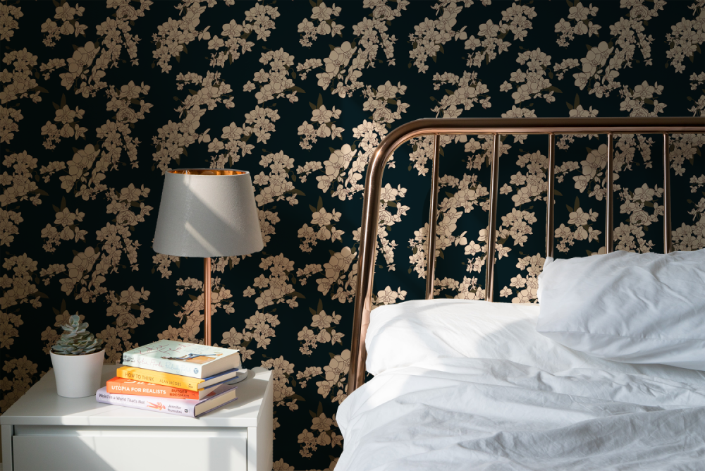 Japanese Orchids in midnight blue wallpaper