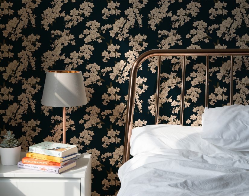 Japanese Orchids in midnight blue wallpaper