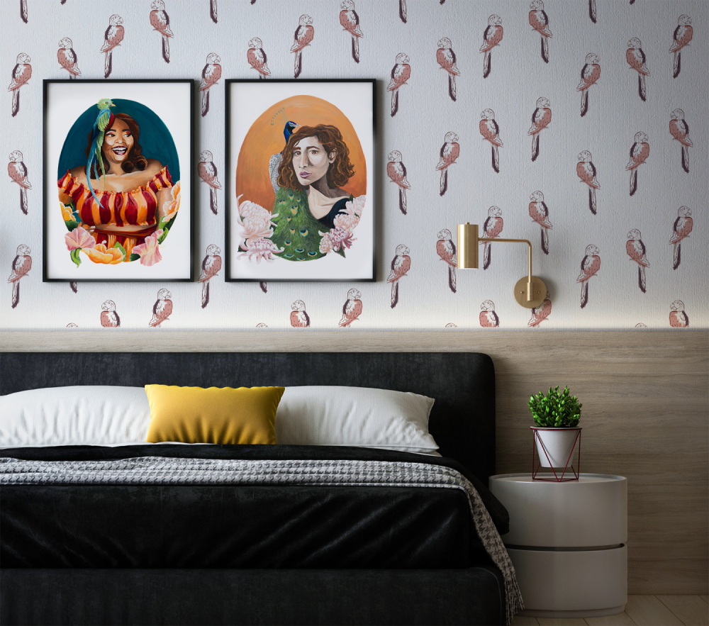 Tropical Macaw Birds in pink wallpaper by Modern Magic