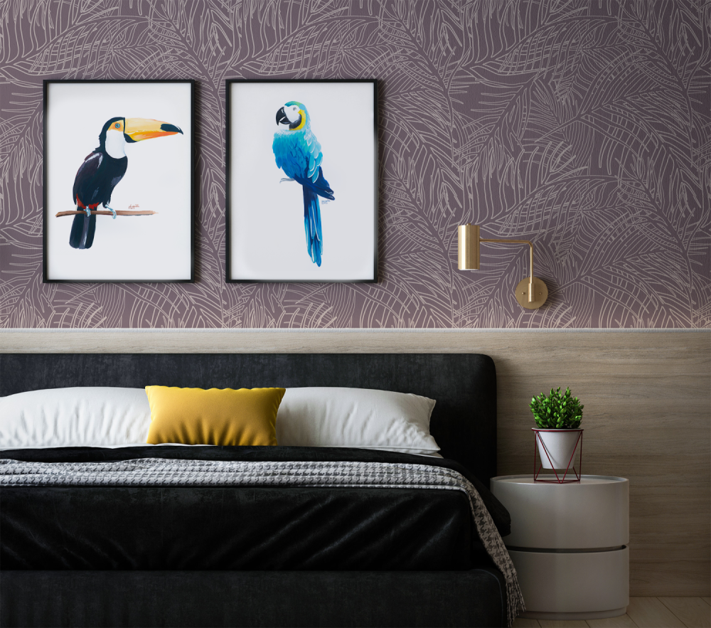 Illustrated Palm Leaves in Purple from the Modern Magic Pura Vida Wallpaper Collection.