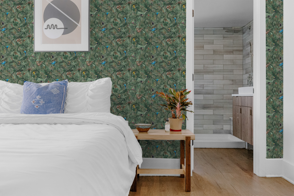 Hide and seek tropical wallpaper with hidden animals for kids to find.