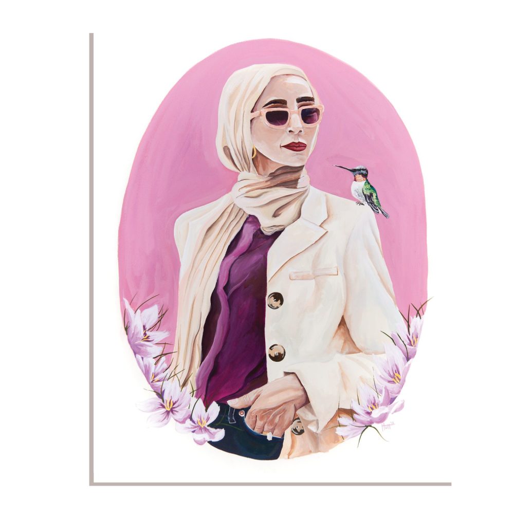 Uncaged Gouache painting, Arab woman with hummingbird