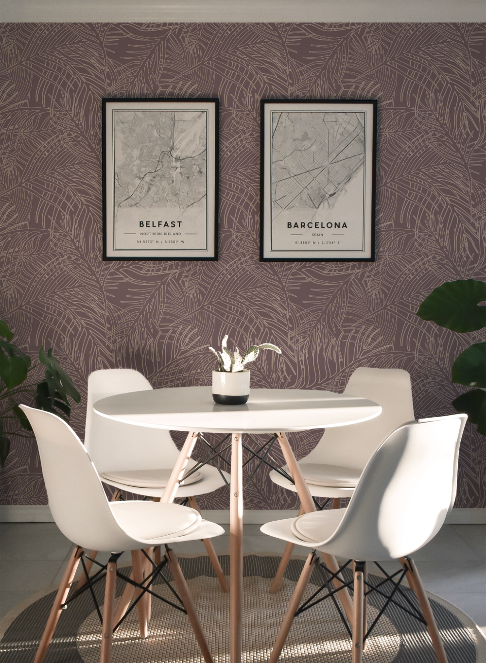 Illustrated Palm Leaves in Purple from the Modern Magic Pura Vida Wallpaper Collection.