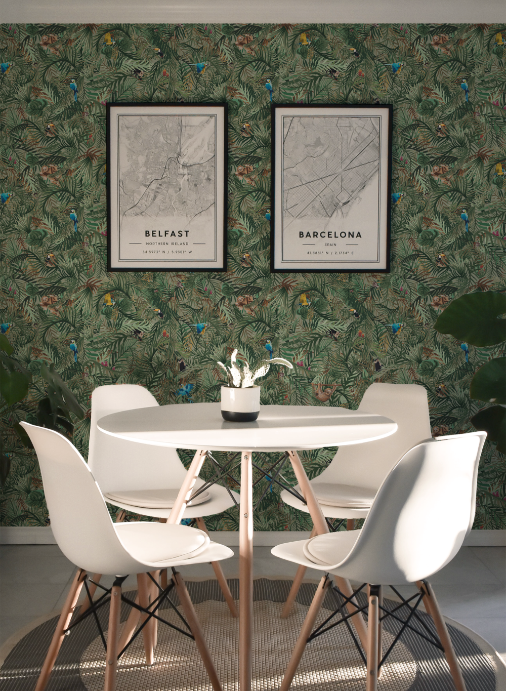 Hide and seek tropical wallpaper with hidden animals for kids to find.