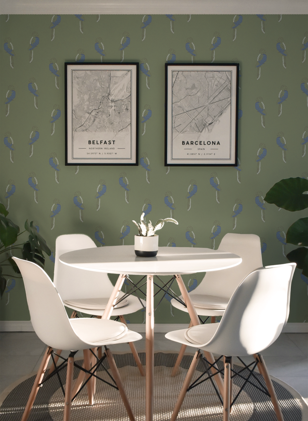 Tropical Macaw Birds in sage wallpaper by Modern Magic