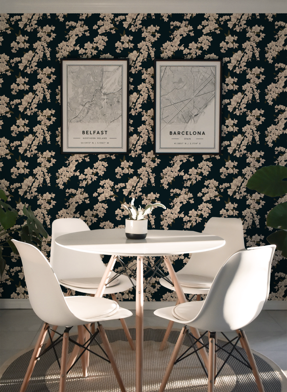 Japanese Orchids in midnight blue wallpaper