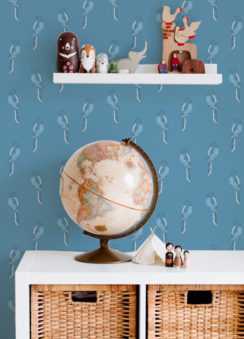 Tropical Macaw Birds in blue wallpaper by Modern Magic