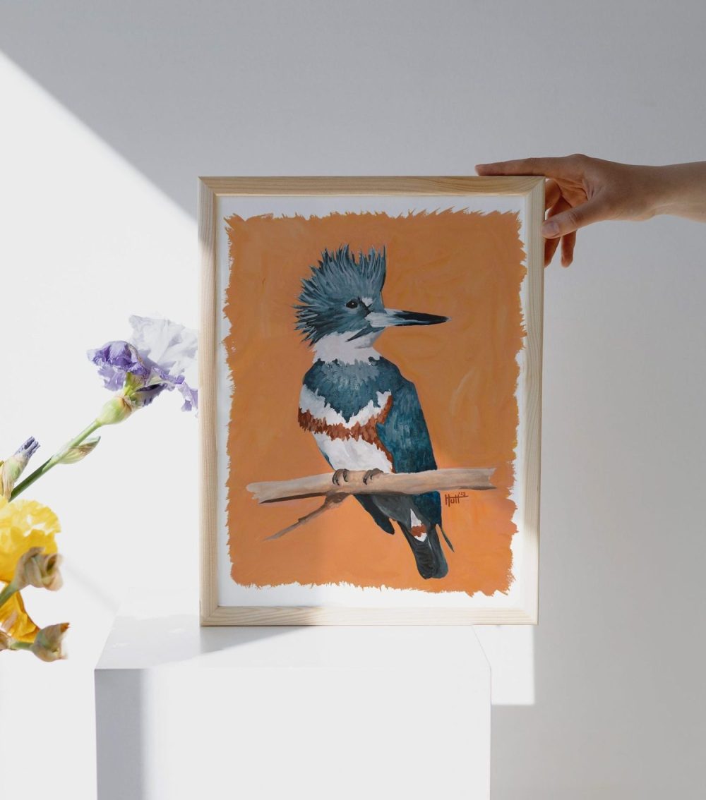 Kingfisher gouache painting with orange background