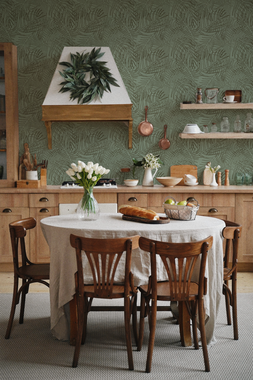 Illustrated Palm Leaves in Green from the Modern Magic Pura Vida Wallpaper Collection.