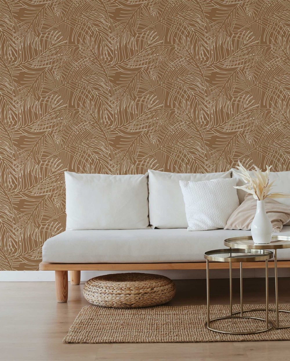 Illustrated Palm Leaves in terracotta from the Modern Magic Pura Vida Wallpaper Collection.