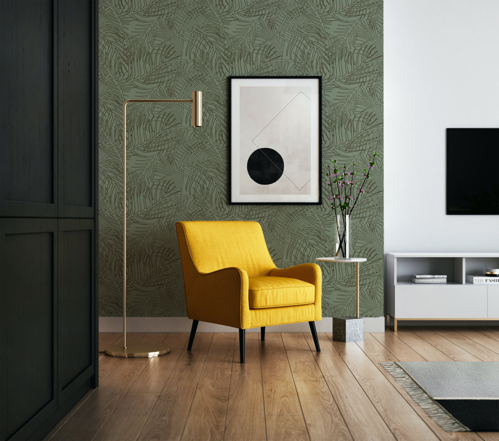 Illustrated Palm Leaves in Green from the Modern Magic Pura Vida Wallpaper Collection.