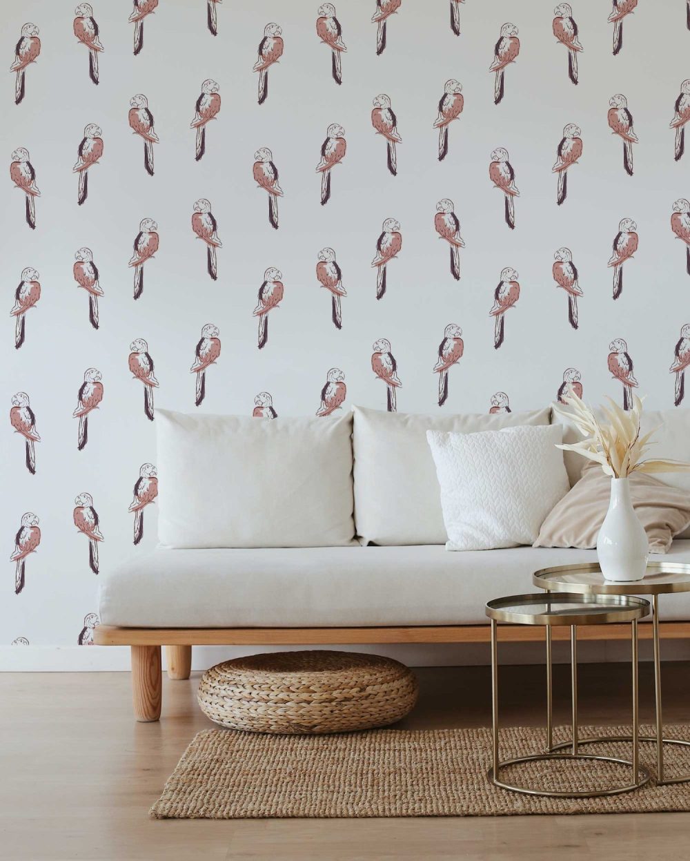 Tropical Macaw Birds in pink wallpaper by Modern Magic