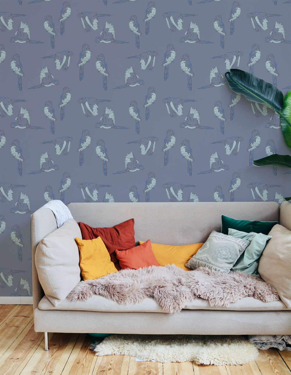 Macaws flying two by two in purple wallpaper by Modern Magic