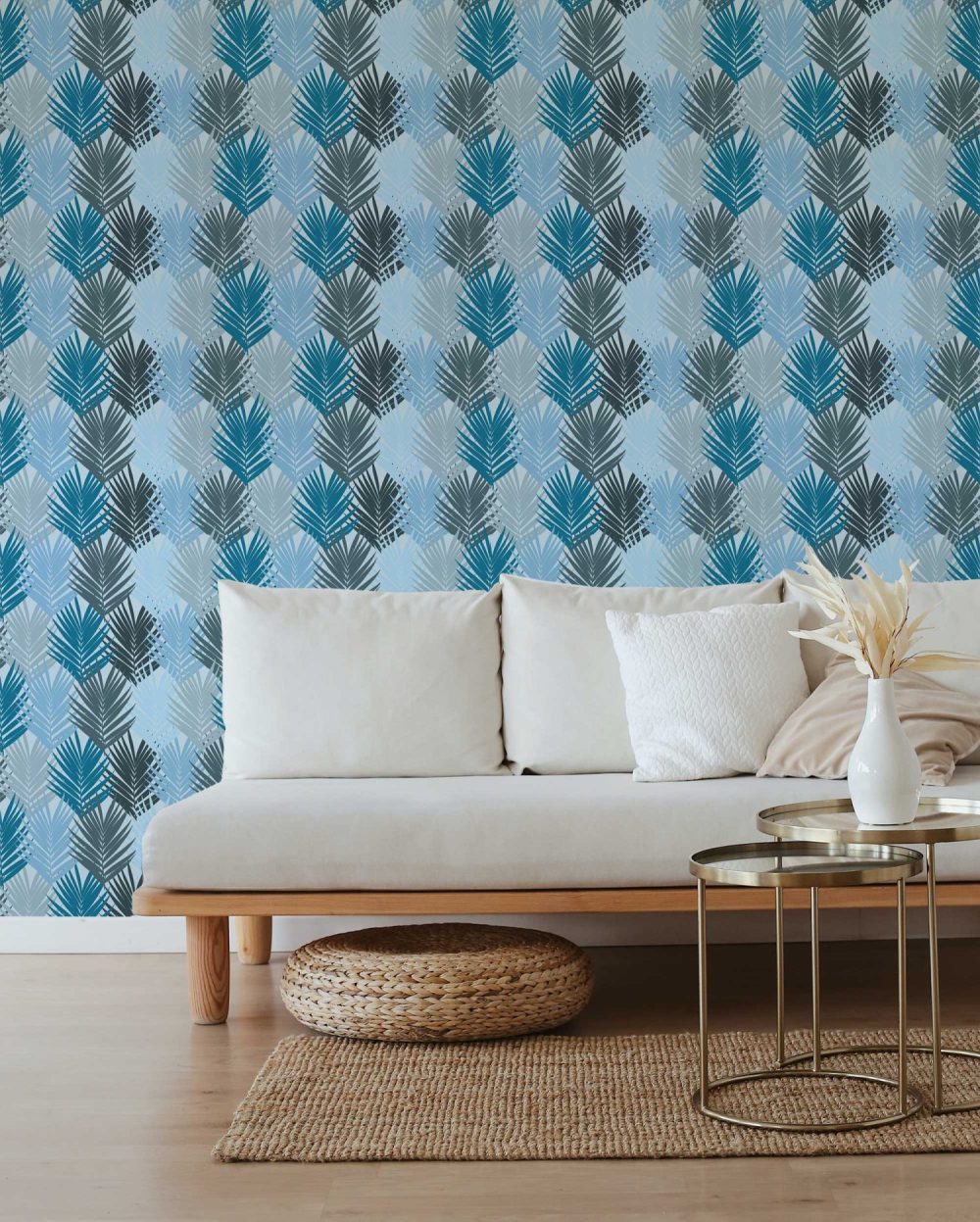 Color Blocked Palm Leaves in blue Wallpaper By Modern Magic