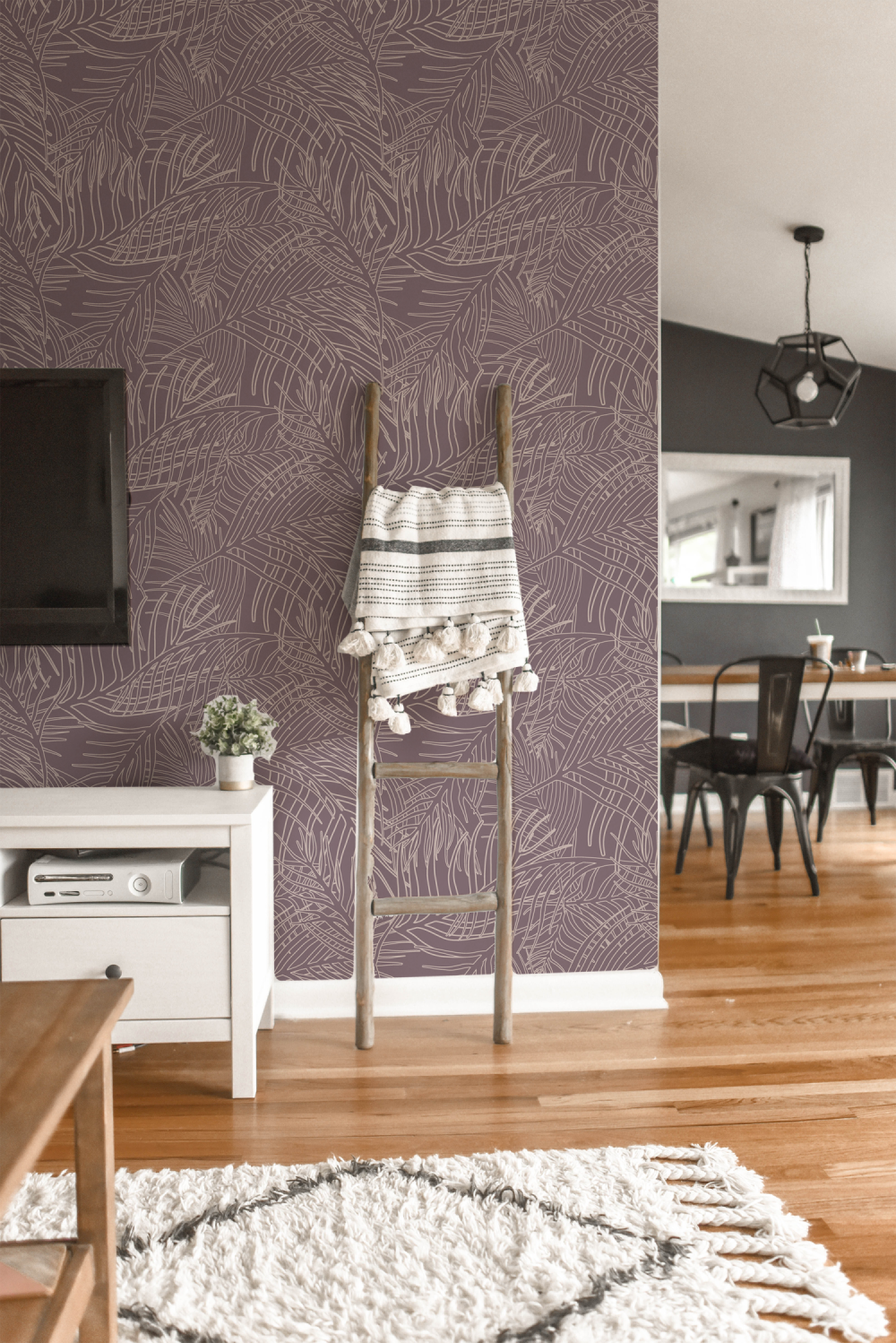 Illustrated Palm Leaves in Purple from the Modern Magic Pura Vida Wallpaper Collection.