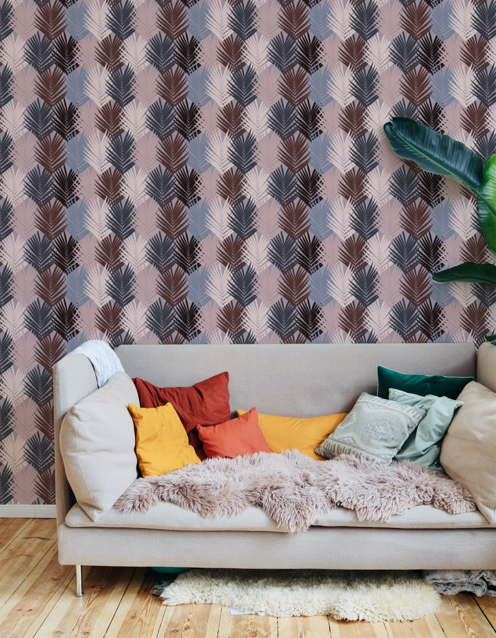 Color Blocked Palm Leaves in Purple + Pink Wallpaper By Modern Magic