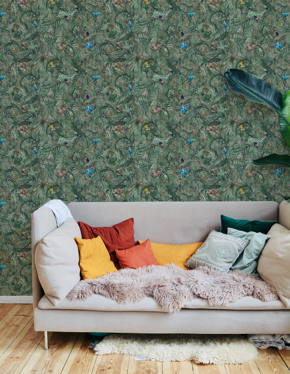 Hide and seek tropical wallpaper with hidden animals for kids to find.