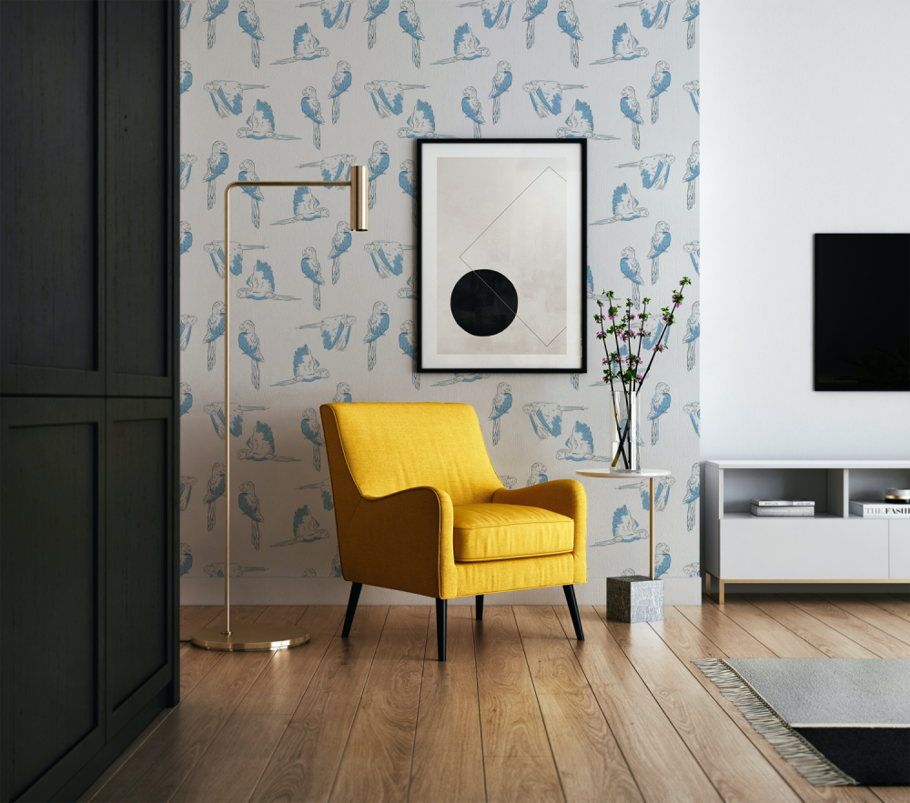 Macaws flying two by two in blue and white wallpaper by Modern Magic