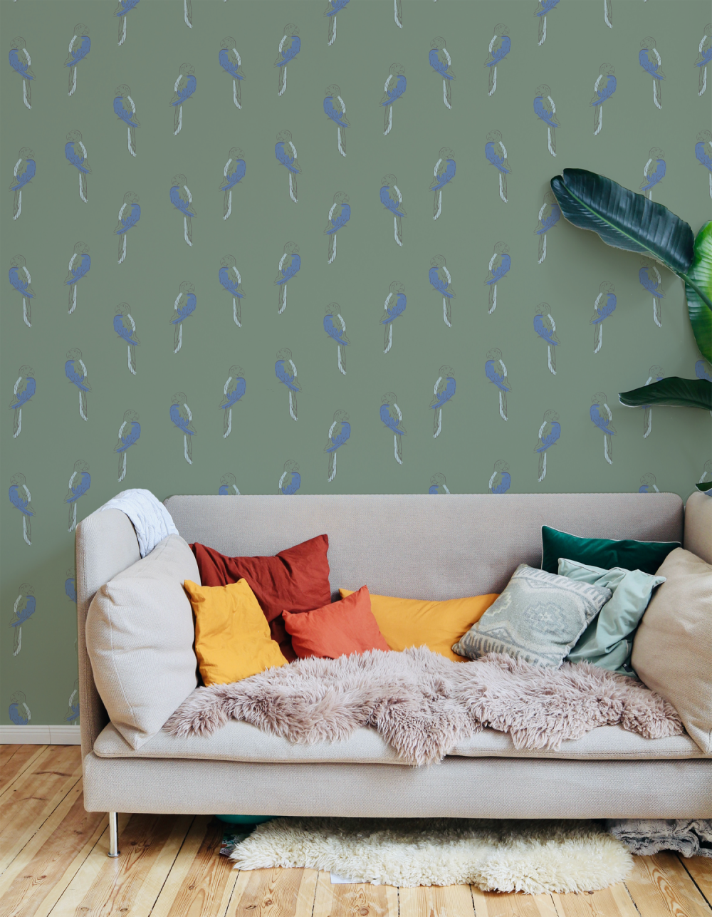 Tropical Macaw Birds in sage wallpaper by Modern Magic
