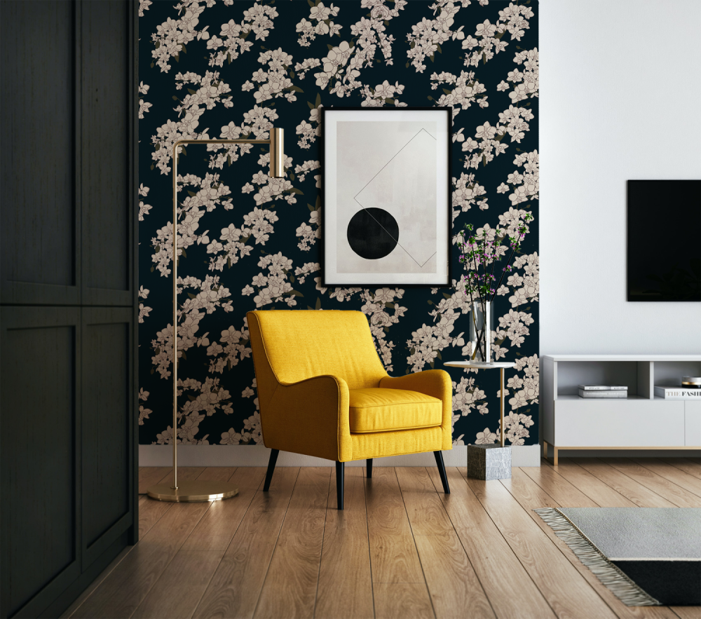 Japanese Orchids in midnight blue wallpaper