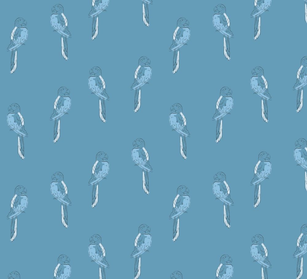 Tropical Macaw Birds in blue wallpaper by Modern Magic