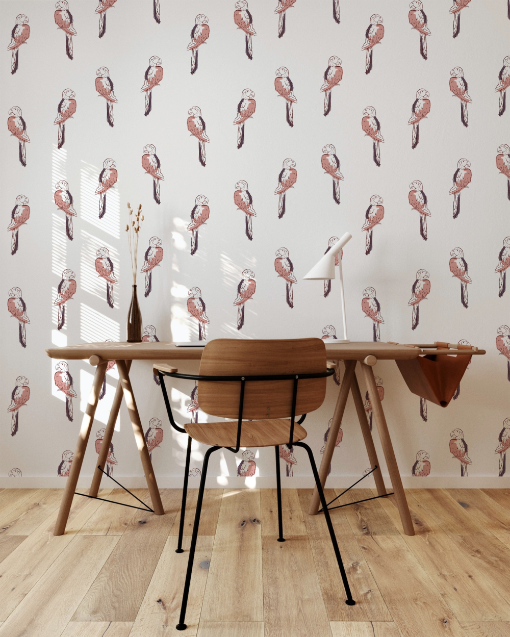 Tropical Macaw Birds in pink wallpaper by Modern Magic