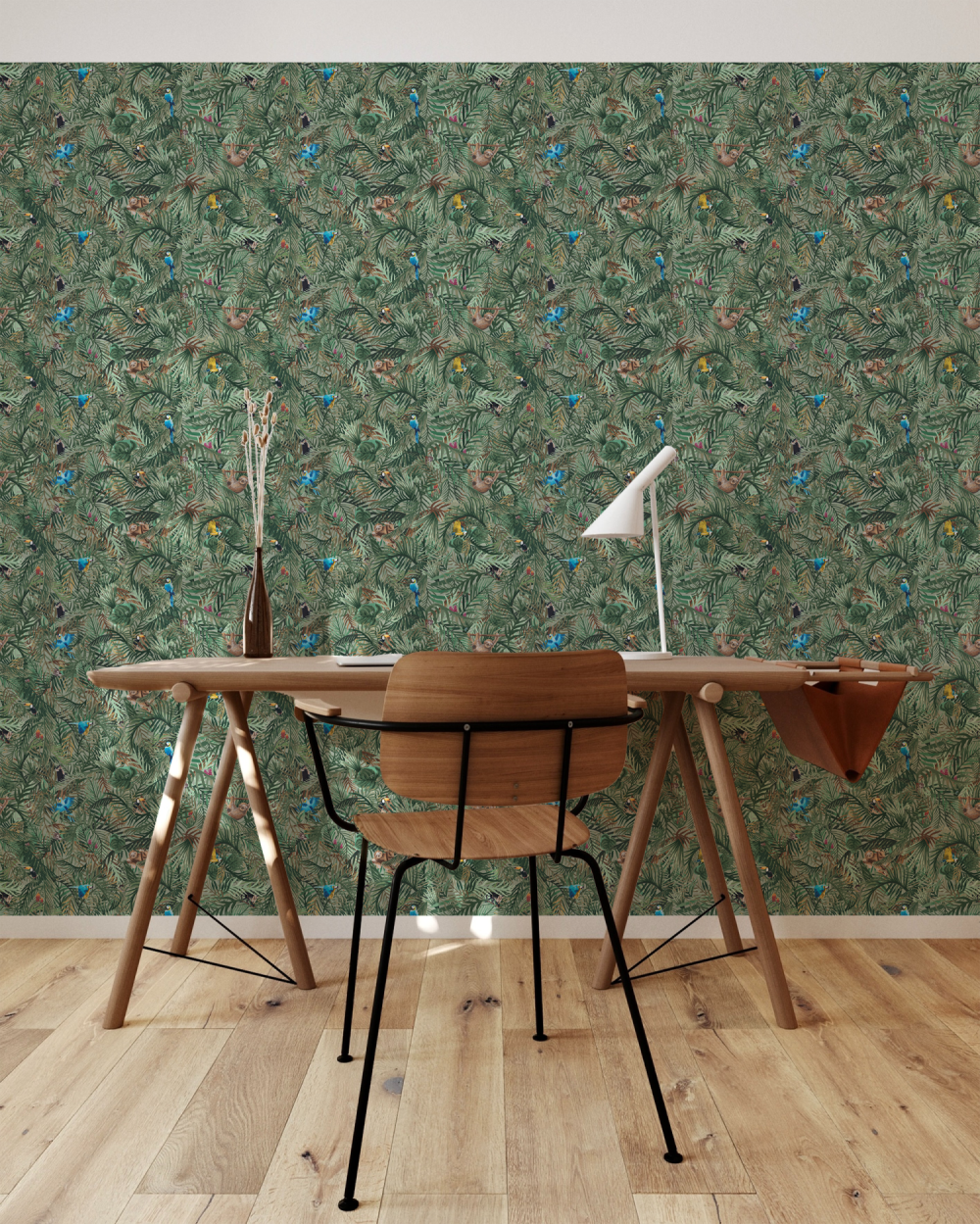 Hide and seek tropical wallpaper with hidden animals for kids to find.