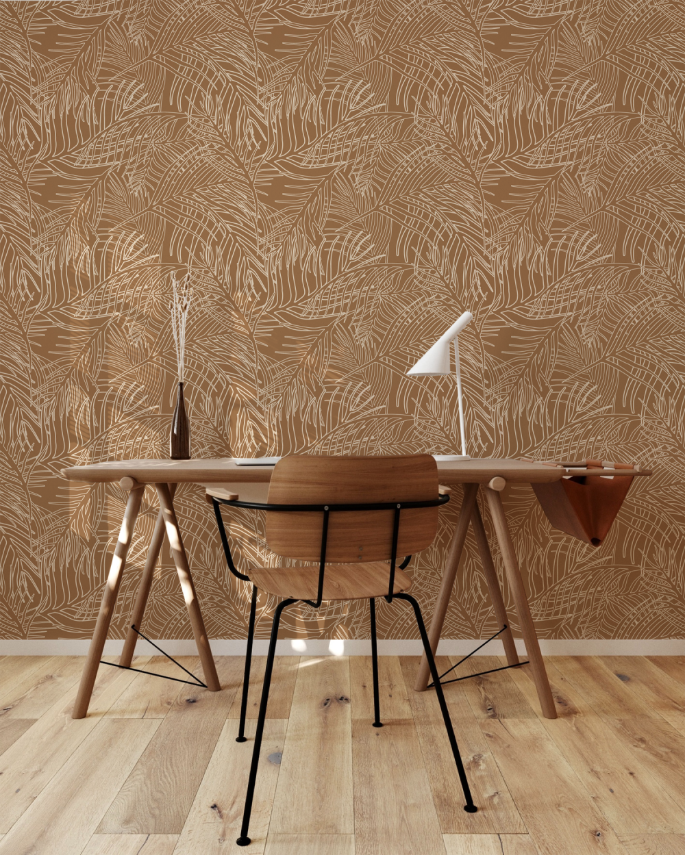 Illustrated Palm Leaves in terracotta from the Modern Magic Pura Vida Wallpaper Collection.