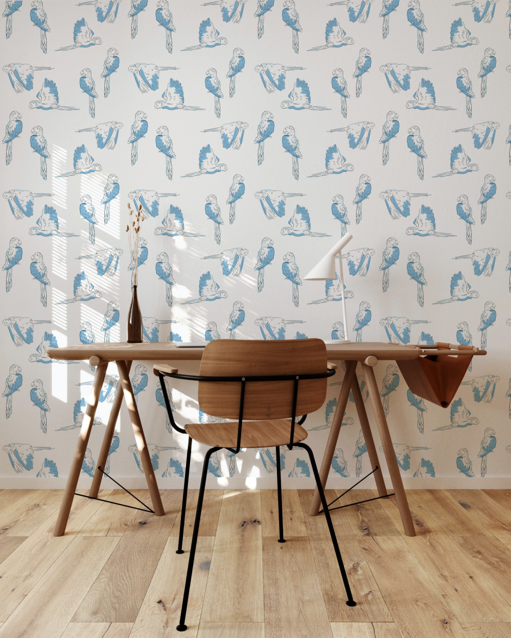 Macaws flying two by two in blue and white wallpaper by Modern Magic