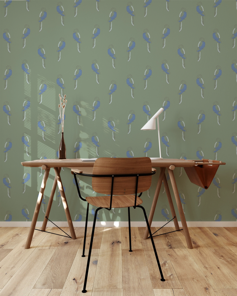 Tropical Macaw Birds in sage wallpaper by Modern Magic