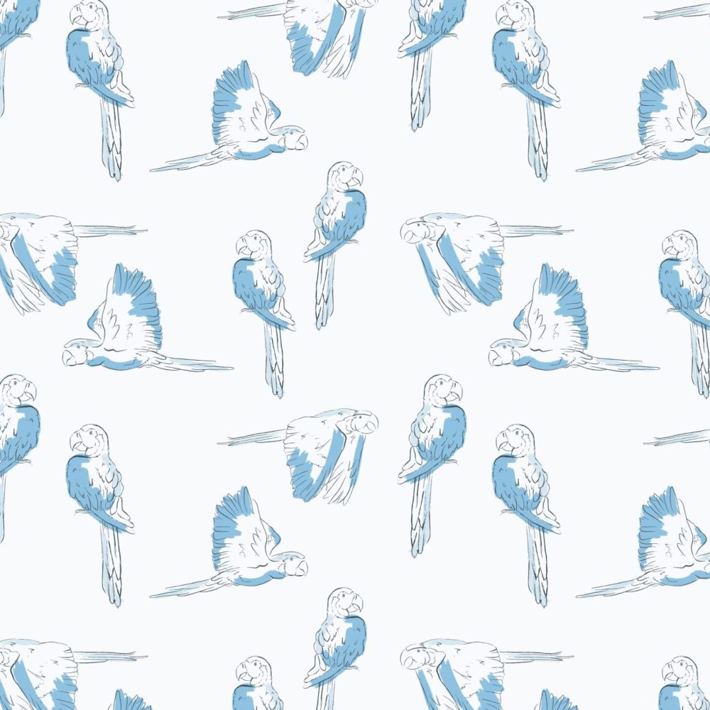 Macaws flying two by two in blue and white wallpaper by Modern Magic