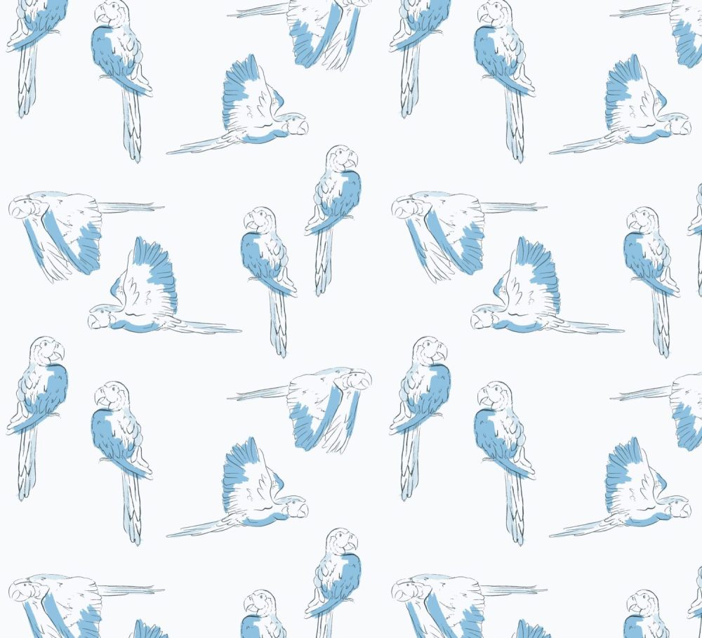 Macaws flying two by two in blue and white wallpaper by Modern Magic