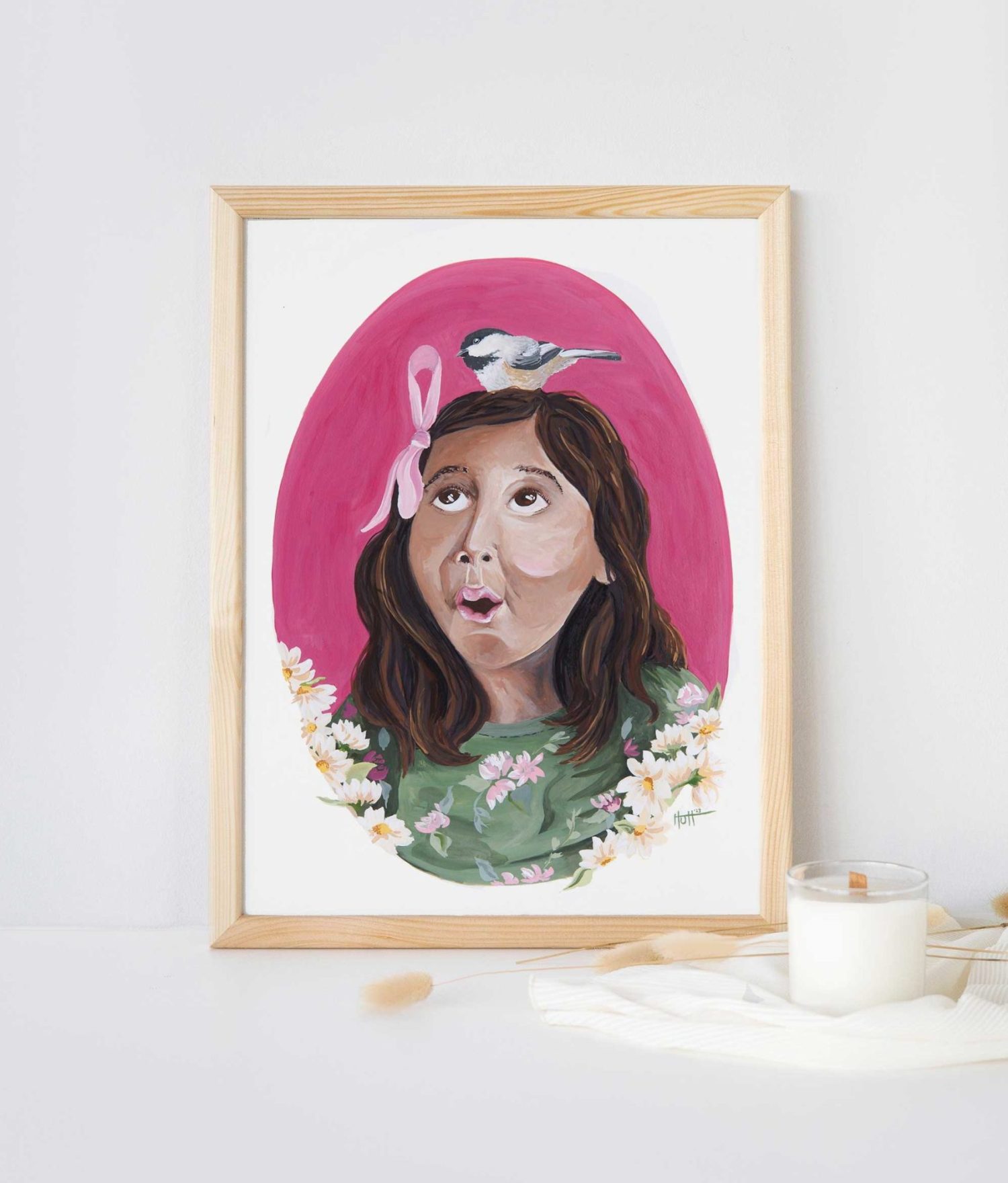 Uncaged gouache series, little girl with bird on her head