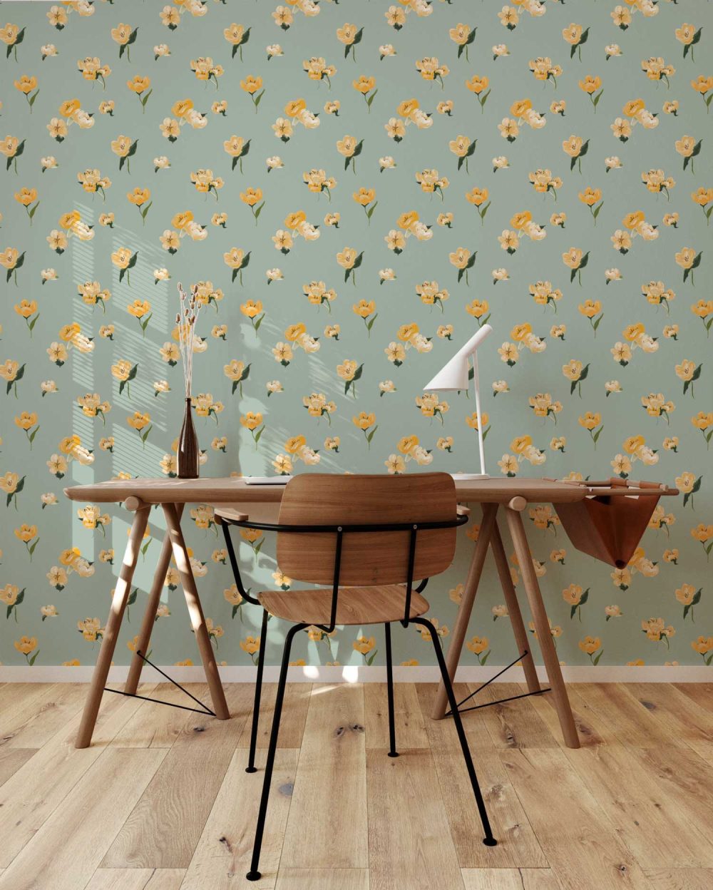 Buttercup flower wallpaper in Sage Green
