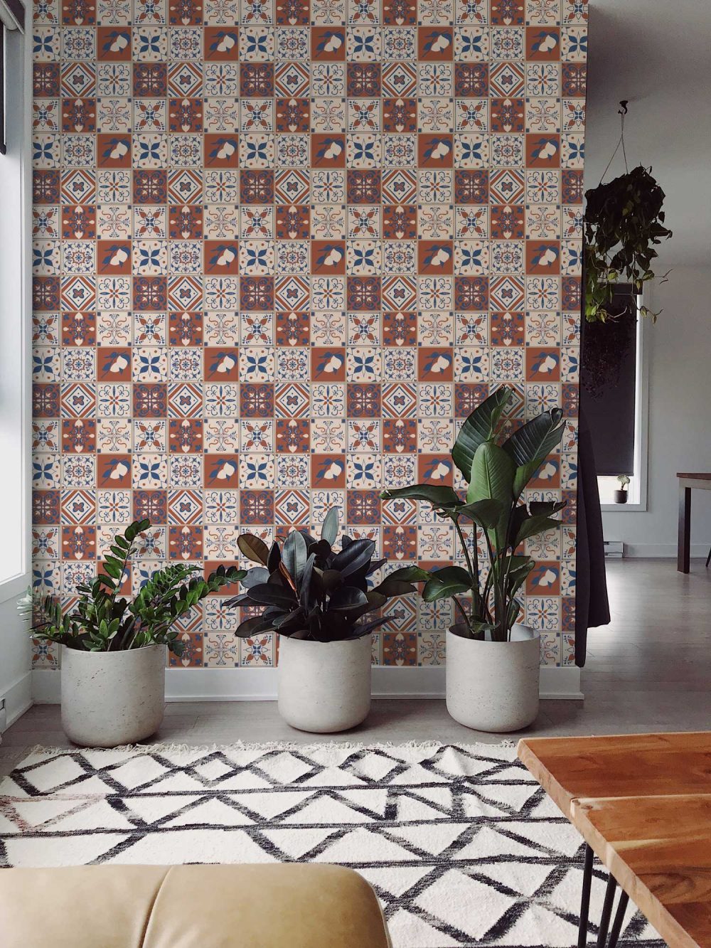 Spanish Revival Tile wallpaper in terracotta and blue