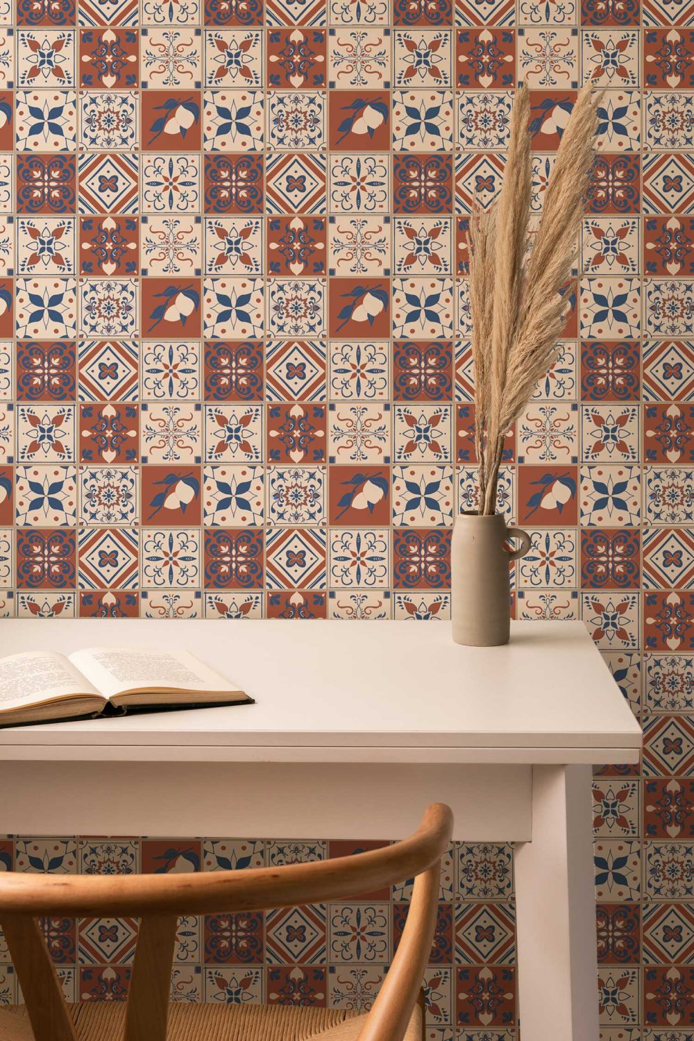 Spanish Revival Tile wallpaper in terracotta and blue