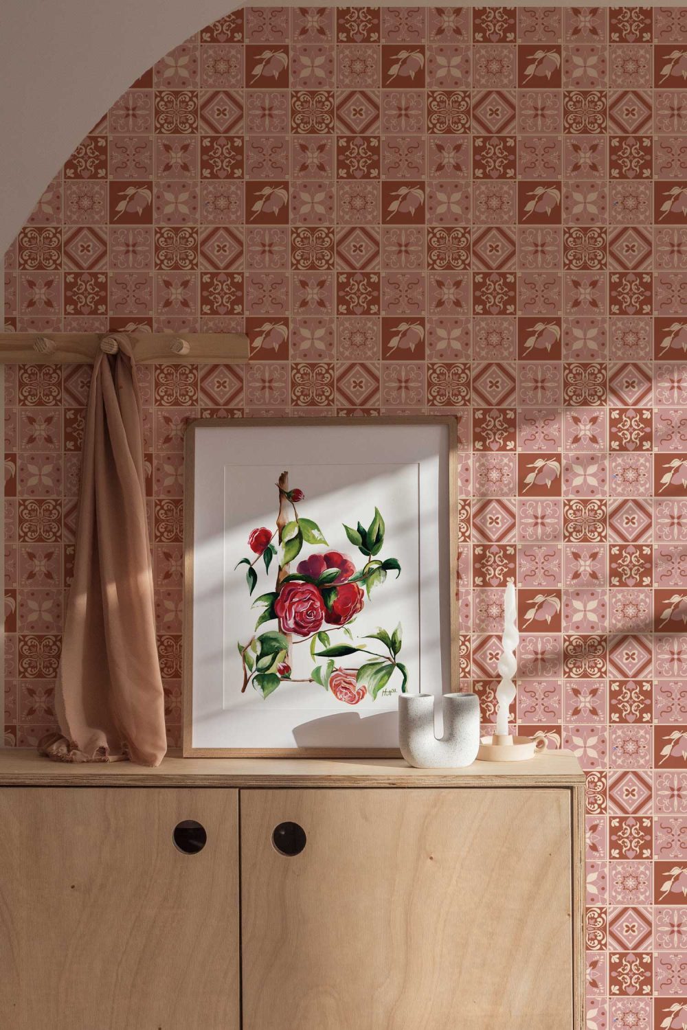 Spanish Revival Tile wallpaper in classic pink and terracotta