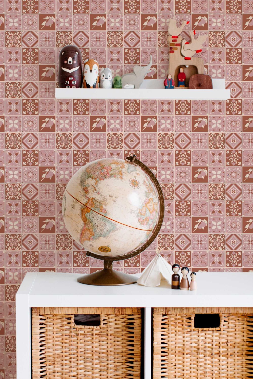 Spanish Revival Tile wallpaper in classic pink and terracotta