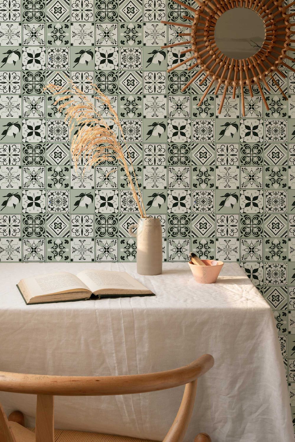 Spanish Revival Tile wallpaper in classic sage green