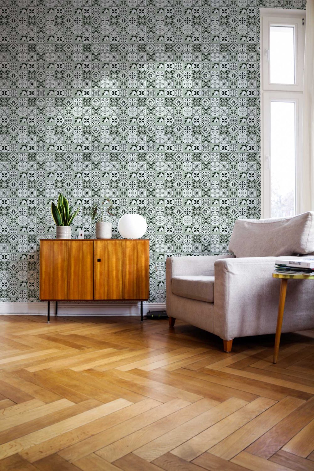 Spanish Revival Tile wallpaper in classic sage green