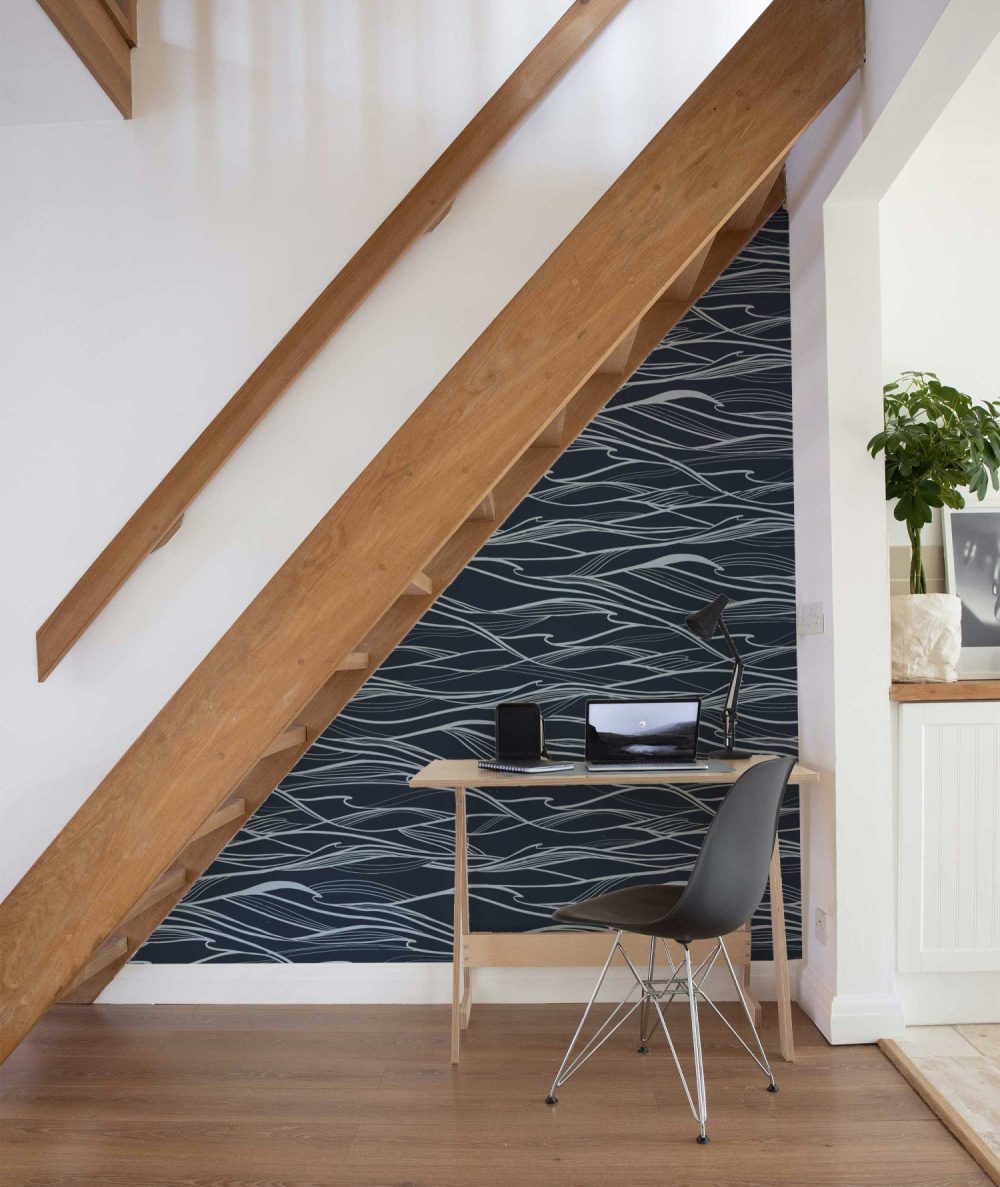 California Waves in Calming Deep Navy Wallpaper