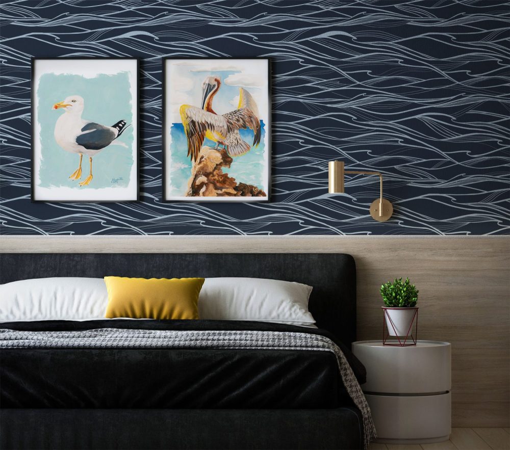 California Waves in Calming Deep Navy Wallpaper