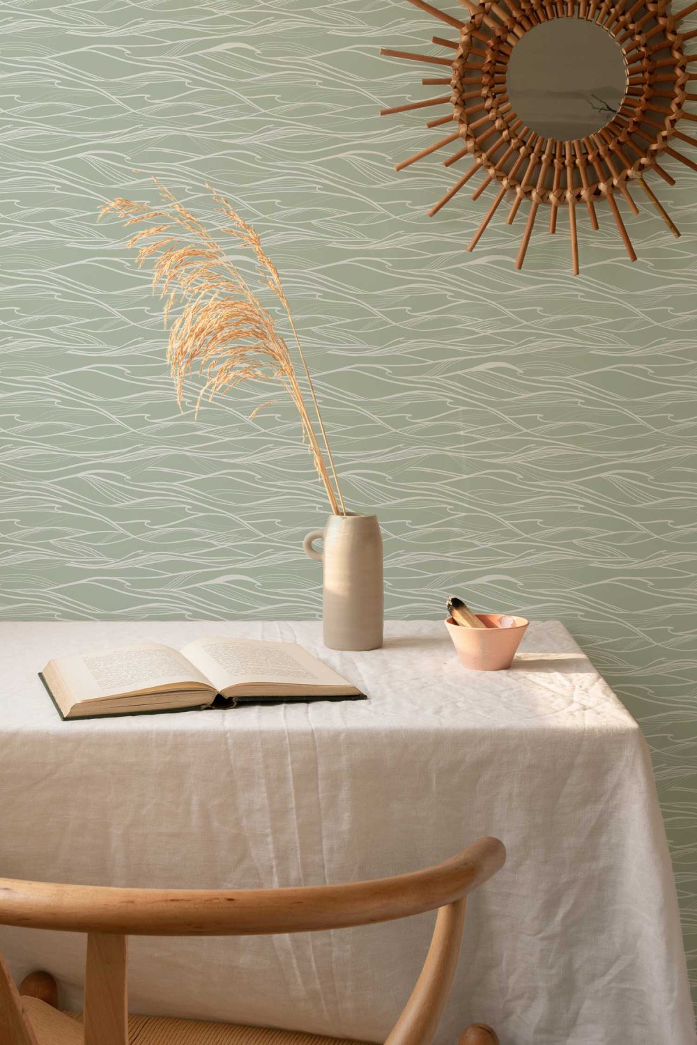 California Waves in Sage Wallpaper